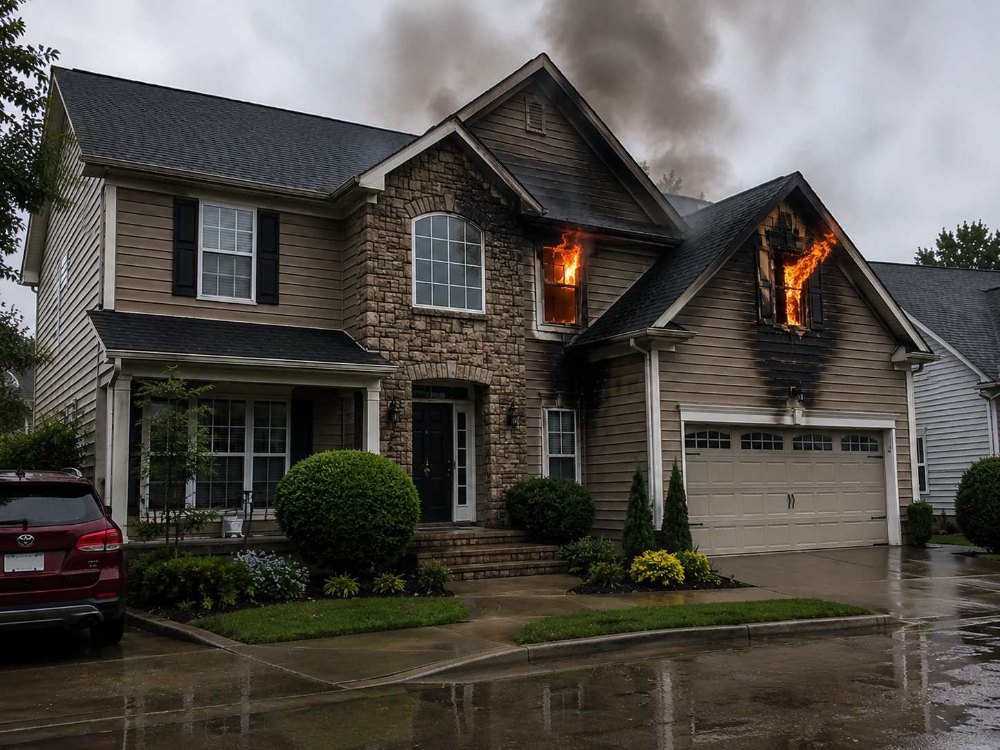 A house with fire and smoke damage