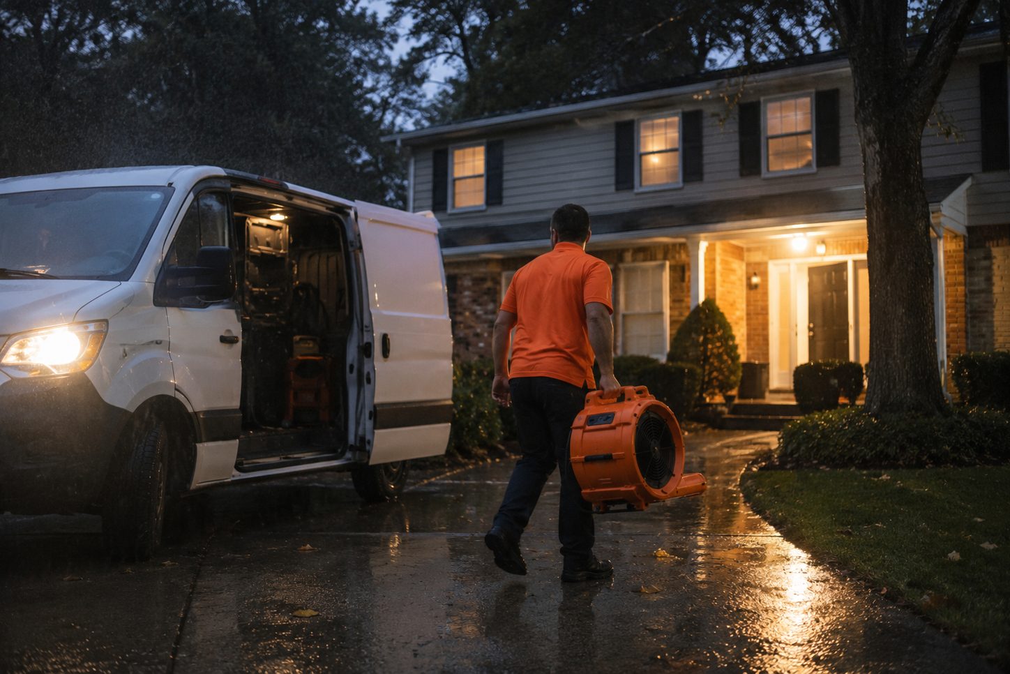 Water Damage Pro technician arriving at a home at dusk and carrying drying equipment for an emergency call