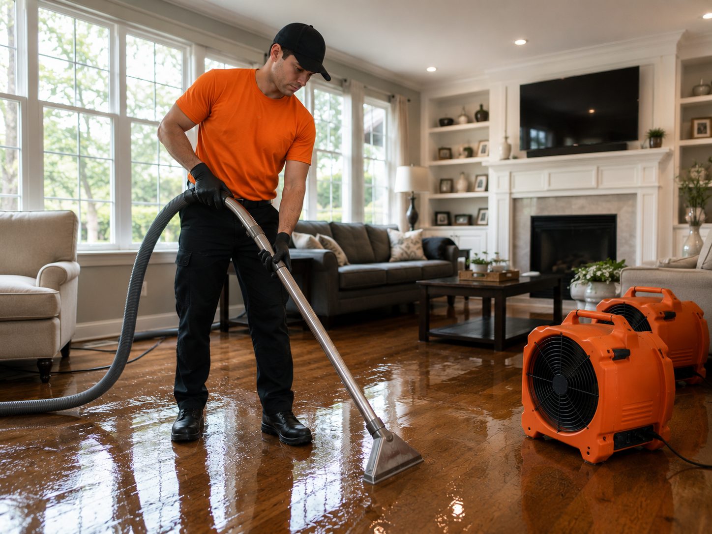 Technician extracting water from a hardwood floor after a ceiling leak