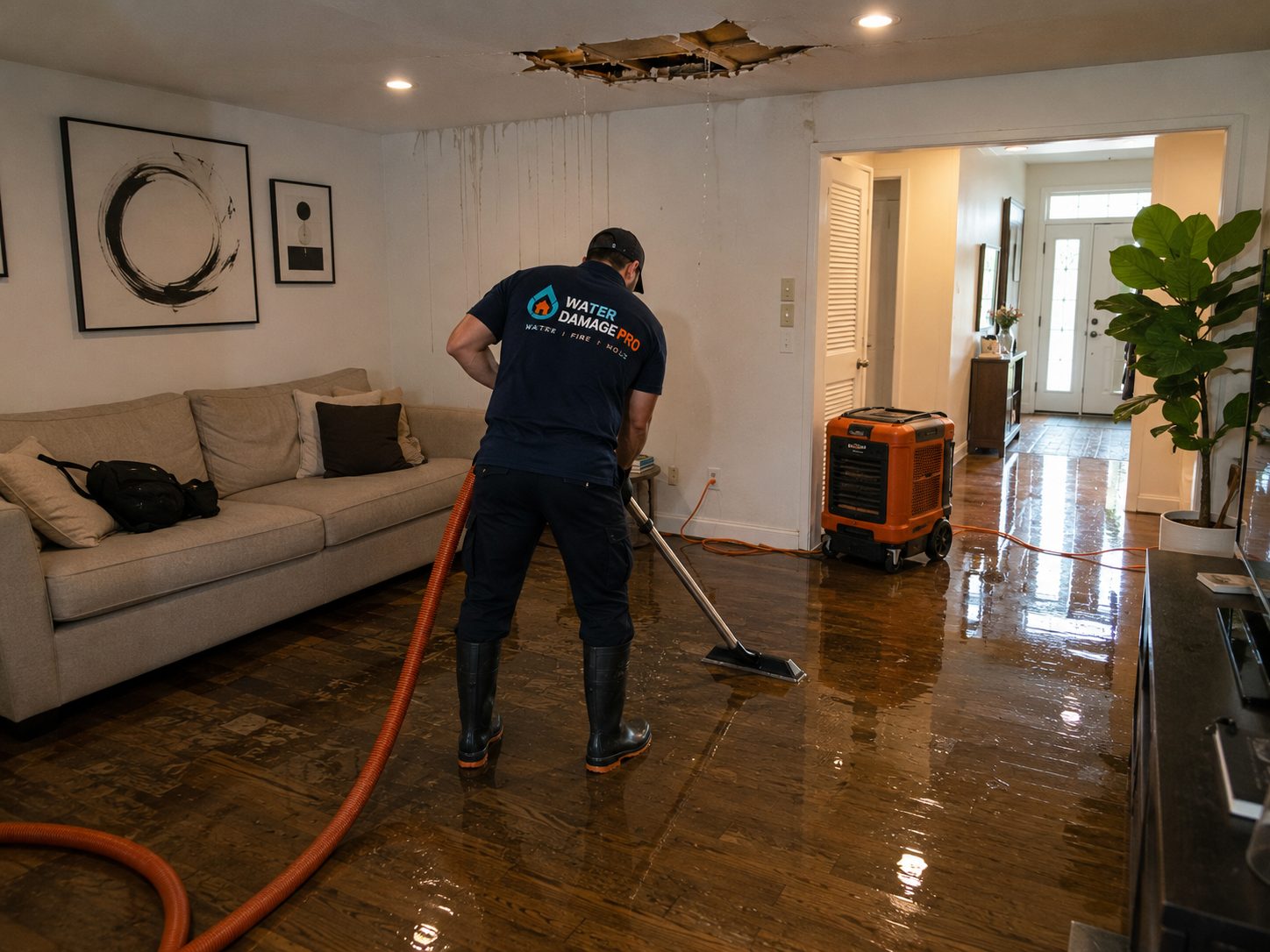 Water Damage Pro technician extracting water from a hardwood floor