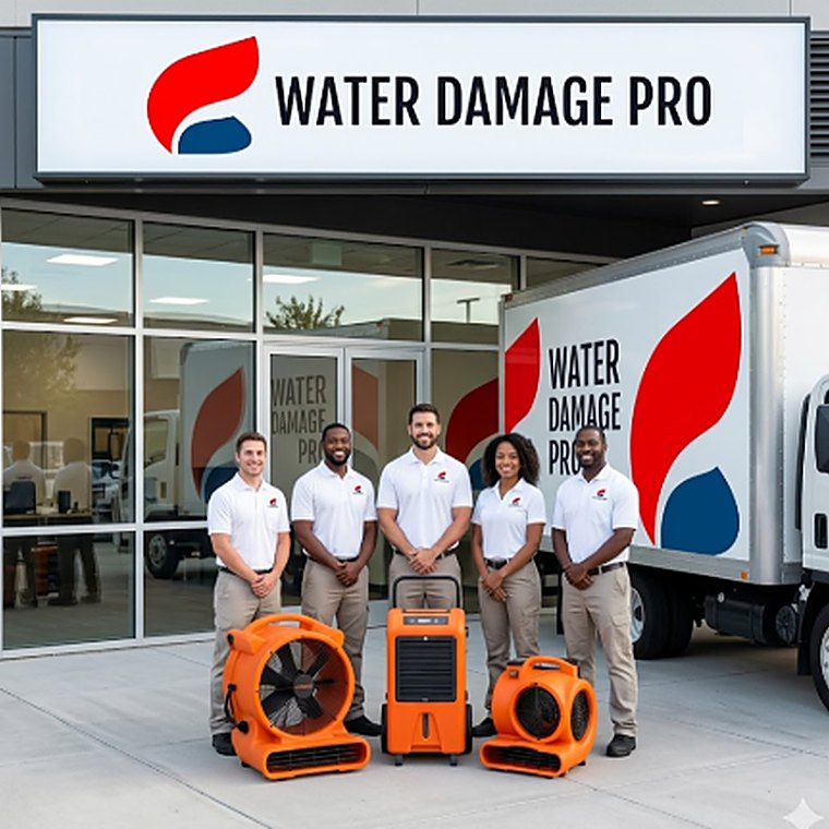 The Water Damage Pro team in uniform in front of their branded storefront and truck in Vienna, VA